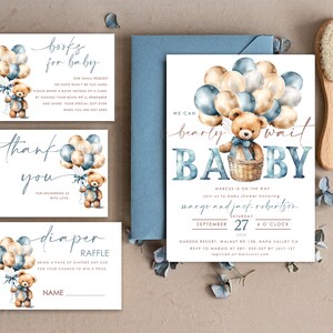 Teddy Bear Baby Boy Shower Invitation Template Set We Can Bearly Wait Diaper Raffle Books, Instant Download Printable Invites Home Printing
