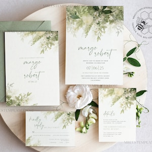 Sage Green Floral wedding Invitations Set Template, Instant Download Printable Invites Home Printing, Botanical Wedding Invitation Card