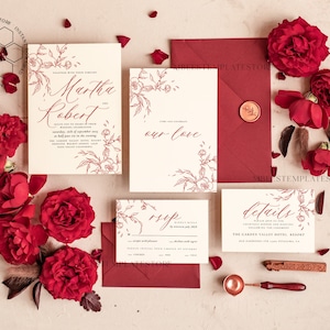 Maroon Fall wedding invitation template, Instant download Boho Wedding Invites Autumn Burgundy Invitation Printable Template Simple Fine Art