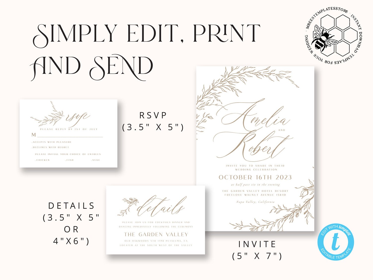 Boho Beige Wedding Invitations Set Template Instant Download Etsy