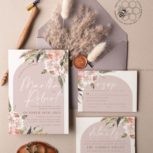 Boho Ivory wedding Invitations Set Template, Instant Download Printable Invites Home Printing, Simple  Wedding Invitation Card Set, WBoho12