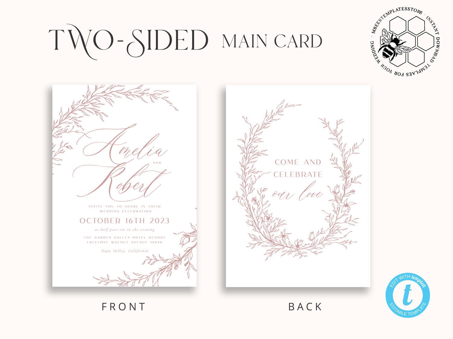 Boho Blush Pink Wedding Invitations Set Template Instant Etsy UK