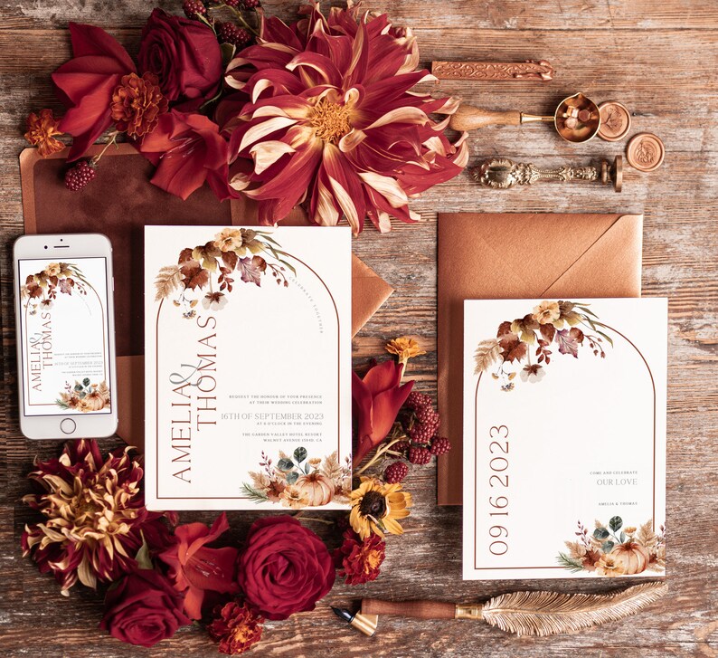 Boho Fall Wedding Invitations Evite Set Template, Instant Download ...
