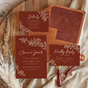 Boho fall wedding Invitations Set Template, Instant Download Printable Invites Home Printing,Elegant Terracotta Fine Art Invitation Card Set