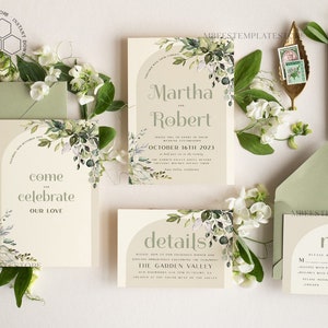 Boho Arch wedding Invitations Evite Set Template, Instant Download Printable Invites Home Printing, Sage Green Garden Invitation Set WBoho15