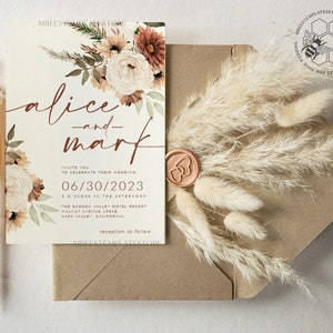 Boho Ivory wedding Invitations Set Template, Instant Download Printable Invites Home Printing, Simple Boho Wedding Invitation Card Set