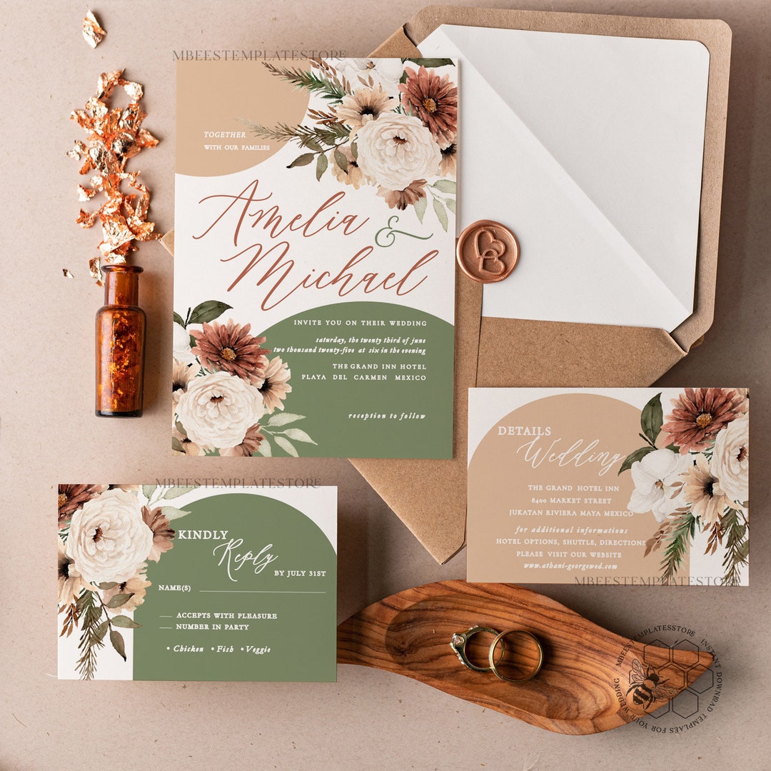 Sage Green Wedding Invitation Template, Instant Download Boho Wedding