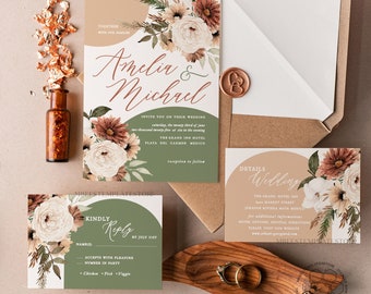 Sage Green wedding invitation template, Instant download Boho Wedding Invites, Arch Garden Wedding Invitation Printable Template