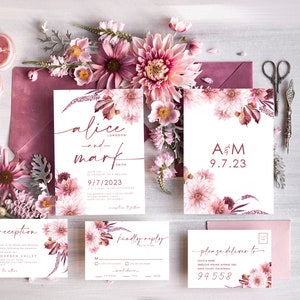 Boho Mauve fall wedding Invitations Set Template, Instant Download Printable Invites Home Printing, Blush Pink  Fine Art Invitation Card Set