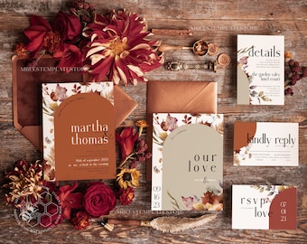 May include: Fall wedding invitation suite with a rustic theme. The invitations feature a brown and beige color scheme with floral illustrations and the text "martha & thomas" and "our love".
