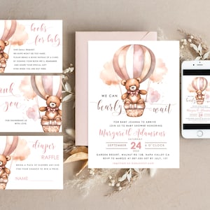 Teddy Bear Baby Girl Shower Invitation Template Set We Can Bearly Wait Diaper Raffle Books, Instant Download pink hot air balloon basket