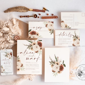 Boho Ivory wedding Invitations Evite Set Template, Instant Download Printable Invites Home Printing, Simple Wedding Invitation Cards WBoho10