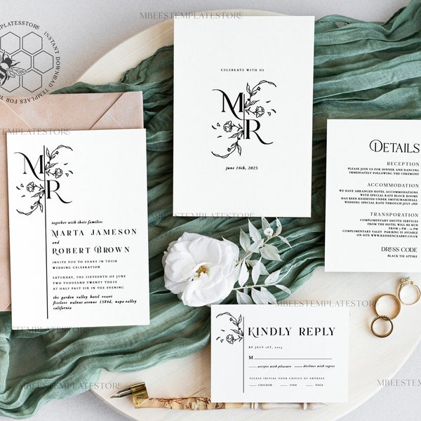 Floral Monogram wedding Invitations Set Template, Instant Download Printable Invites Home Printing, Floral Wedding Invitation Card