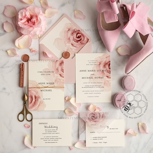 Elegant Blush wedding Invitation Template, Instant Download Printable Invites Home Printing, Pink Boho Wedding Invitation Card Set Template