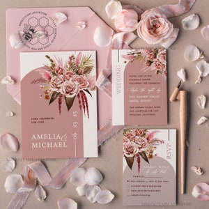 Arch Blush wedding Invitation Template, Instant Download Printable Invites Home Printing, Pink Boho Wedding Invitation Card Set Template