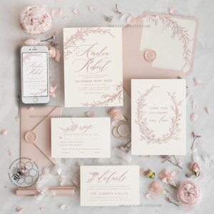 Fine Art Blush wedding Invitations Evite Set Template, Instant Download Printable Invites Home Printing, Boho Chick Invitation Set WBoho16