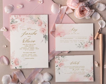 Elegant Blush wedding Invitation Template, Instant Download Printable Invites Home Printing, Pink Boho Wedding Invitation Card Set Template