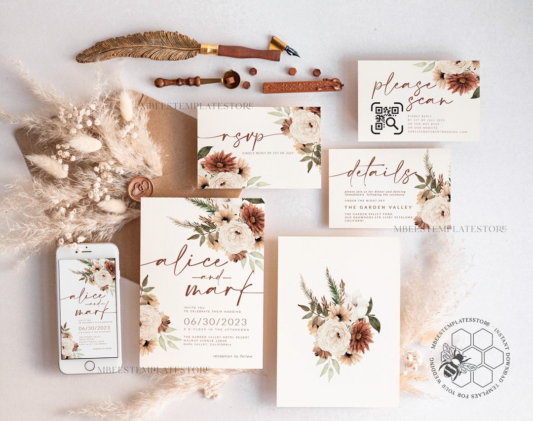 Boho Ivory Wedding Invitations Evite Set Template, Instant Download