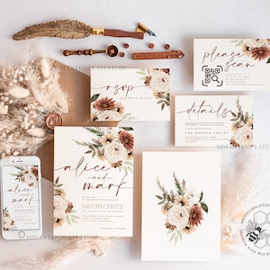Hochzeitseinladungen im Boho-Stil, elfenbeinfarben, Evite-Set-Vorlage, sofortiger Download druckbarer Einladungen zum Heimdrucken, einfache Hochzeitseinladungskarten WBoho10