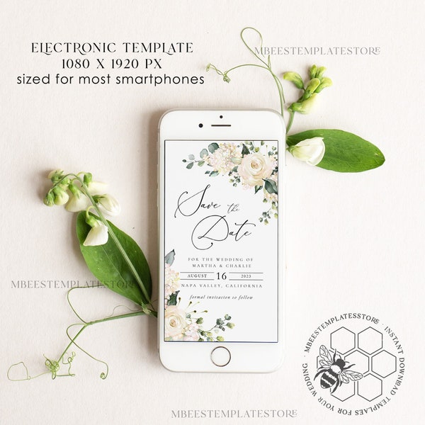 Smartphone Boho Electronic Save the Date Greenery Save the Date Editable Template, Green Evite Personalised Digital Save the Date, WRoses55