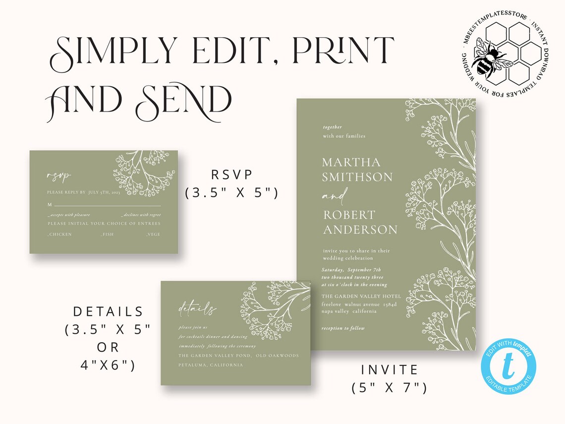 Sage Green Wedding Invitation Template, Instant Download Greenery ...