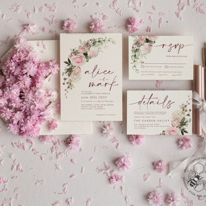 Elegant Blush wedding Invitation Template, Instant Download Printable Invites Home Printing, Pink Roses Wedding Invitation Card Set Template