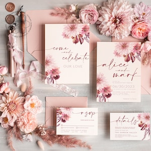 Boho Mauve fall wedding Invitations Set Template, Instant Download Printable Invites Home Printing, Blush Pink  Fine Art Invitation Card Set