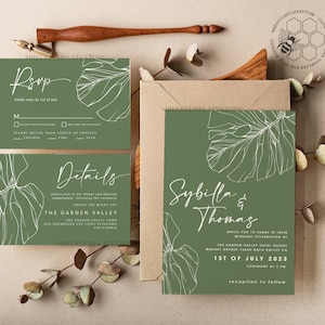 Sage Green wedding invitation template, Instant download Greenery Wedding Invites, Monstera Garden Wedding Invitations Set Printable