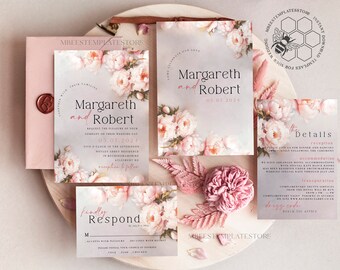 May include: Wedding invitation suite with pink floral design. The invitation features the names "Margareth and Robert" and the date "05.07.2024". The RSVP card includes the text "kindly Respond".