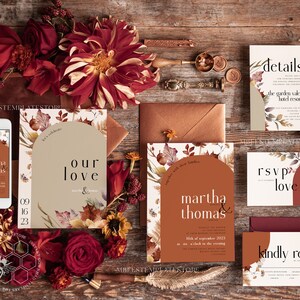 Boho Arch wedding Invitations Evite Set Template, Instant Download Printable Smartphone Invites Simple Fall Terracotta Invitation Cards WBh1