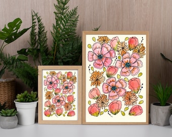 ART PRINT - Pink and Red Flower Collage - Botanical Art Prints - Original Art - 5x7 and 8x10