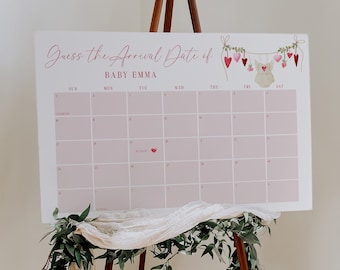 Puede incluir: Un calendario rosa y blanco con el texto "Guess the Arrival Date of Baby Emma" en la parte superior. El calendario tiene un fondo rosa y está decorado con una cadena de corazones y un body de bebé.