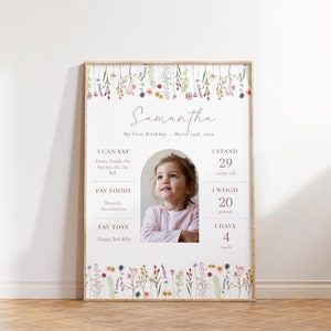 Wildflower First Birthday Milestone Poster | Floral Birthday Stats Board  | Flower Theme Editable Sign | Baby&#39;s First Year Board 22