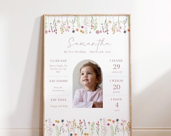 Plakat z okazji pierwszych urodzin Wildflower | Tablica ze statystykami urodzin w kwiaty | Edytowalny znak z motywem kwiatowym | Tablica z okazji pierwszego roku życia dziecka 22