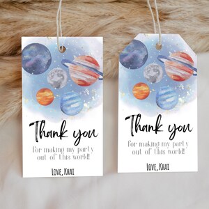Minimalistische Dankesnotizen Weltraum Gastgeschenke, erste Reise um den Sonnengeburtstag, Galaxy sofortiger Download, Astronaut begünstigt Tags