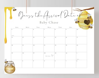 May include: A printable baby shower game with a bee theme. The game is called "Guess the Arrival Date of Baby Chase". The game features a calendar with a beehive and honey pot.