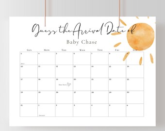 Guess the Arrival Date Boho Sun Baby Shower Calendar, Instant Download Due Date Prediction Game, Amazing Sun Baby Calendar, Digital Download