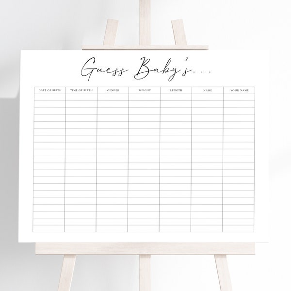 Guess Baby's statistieken Minimalistisch, voorspelling babyshowerspel, babyzwembadspel direct downloaden