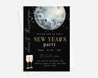 Invitación para fiesta de Año Nuevo 2025 / Invitación de Nochevieja / Plantilla editable / Descarga instantánea en dorado negro de Evite / Invitaciones de Nochevieja
