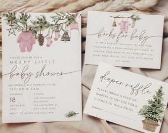 May include: Set of baby shower invitations and cards. The main invitation features a watercolor illustration of baby clothes and pine branches. Additional cards include requests for books and a diaper raffle.