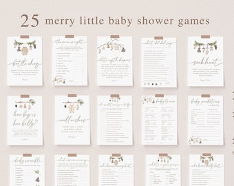 May include: A set of 25 baby shower games printed on white paper, with a minimalist design and brown accents. The games include titles such as "Bottle Chug" and "Sock Hunt". The text "fully editable" is also visible on the right side.