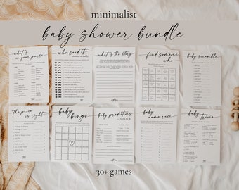 33 Baby Shower-spelpaket, minimalistisk babyshower, babybingo, gissa barnmat, direktnedladdning