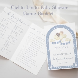 Cielito Lindo Blau Babyparty Spielheft | Papel Picado Druckbare Spiele Babyparty | Baby-Vorhersage-Spiele | Bearbeitbare Duschspiele 444