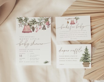 May include: A set of three baby shower cards with a Christmas theme. The invitation reads "Merry Little Baby Shower." The other cards request books and a diaper raffle. The cards feature watercolor illustrations of baby clothes and a Christmas tree.