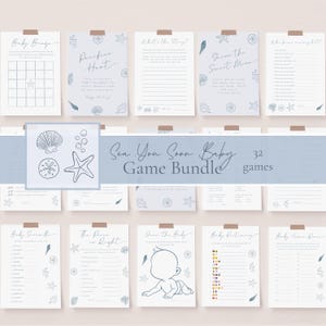 Puede incluir: Un conjunto de juegos para baby shower con un diseño temático marino. Los juegos incluyen "Baby Bingo", "Pacifier Hunt" y "Guess the Sweet Mess". El paquete se titula "Sea You Soon Baby Game Bundle" e incluye 32 juegos. El diseño presenta conchas marinas y estrellas de mar.