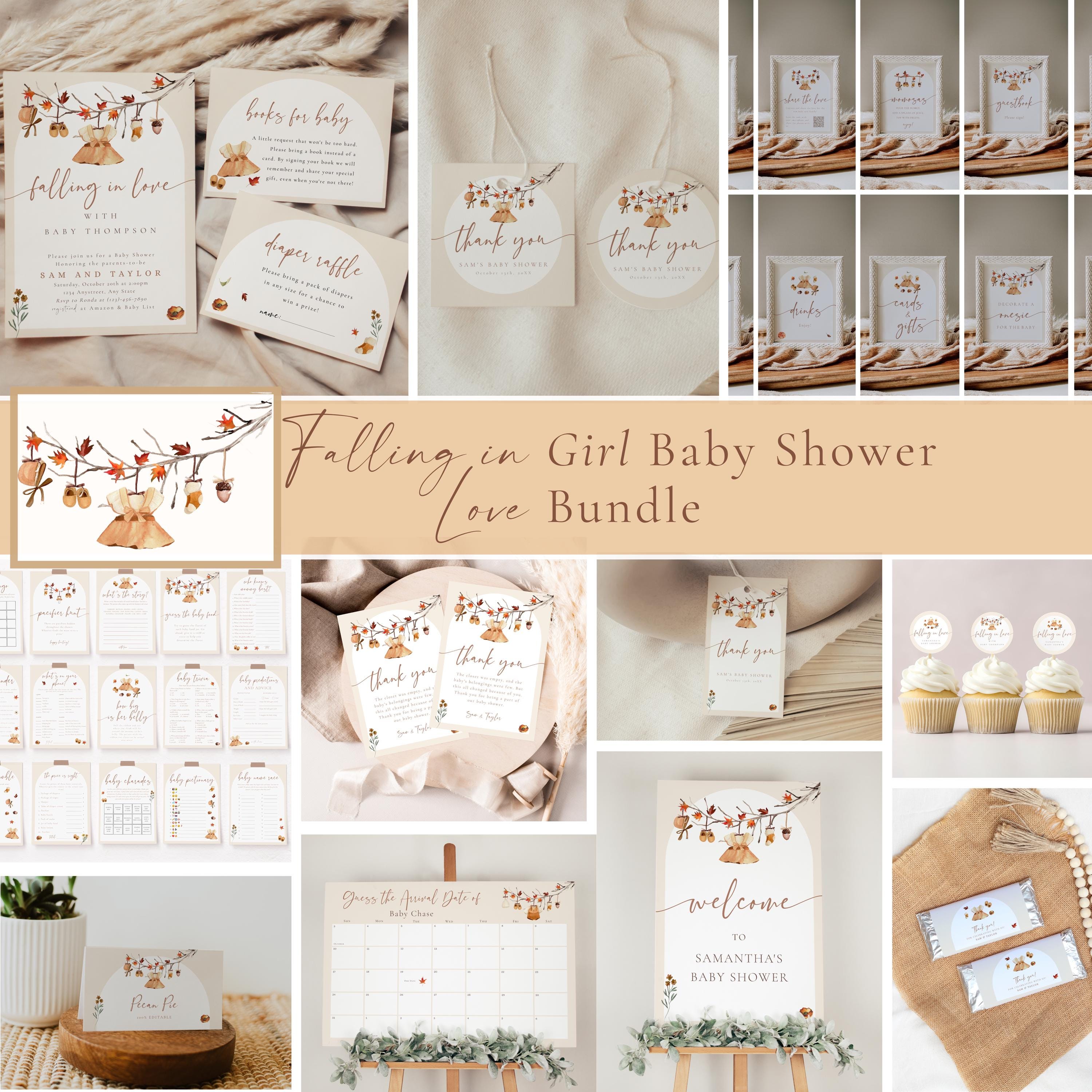 Falling In Love Baby Shower Bundle | Editable Autumn Girl Baby Shower Package | Fall in Love Baby Shower Decor | Fall Baby Shower Set  f4