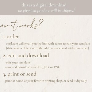 May include: A digital download instruction guide with the text "how it works?" and steps for ordering, editing, and printing or sending a digital template. The text includes the website "corjl.com" and mentions saving the template as a PDF, JPG, or PNG.