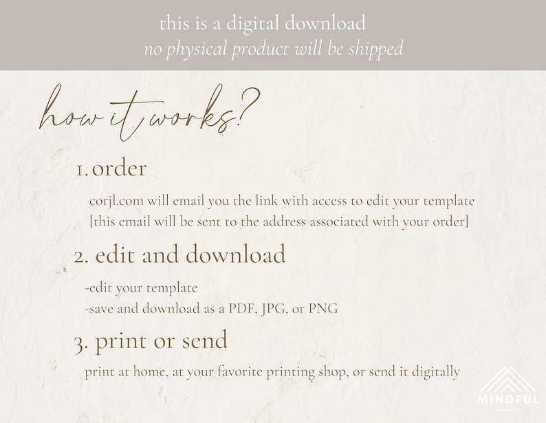 May include: A digital download instruction guide with the text "how it works?" and steps for ordering, editing, and printing or sending a digital template. The text includes the website "corjl.com" and mentions saving the template as a PDF, JPG, or PNG.