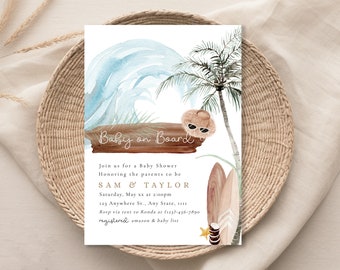 Convite para Bebê a Bordo | Modelo de Convite Editável para Chá de Bebê Surf Beach | Convite Boho Beach Neutro