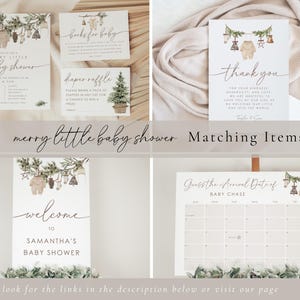 May include: A set of printable baby shower invitations with a woodland theme. The invitations feature a brown bear wearing a knitted hat and a green wreath with pine cones and berries. The text on the invitations reads "Merry Little Baby Shower".